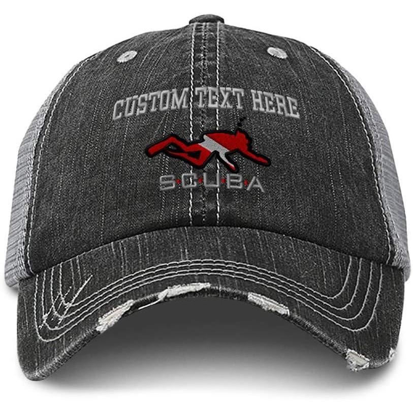 imageCustom Distressed Trucker Hat Sport Scuba Diving Diver Flag Embroidery CottonBlack Gray Personalized Text Here