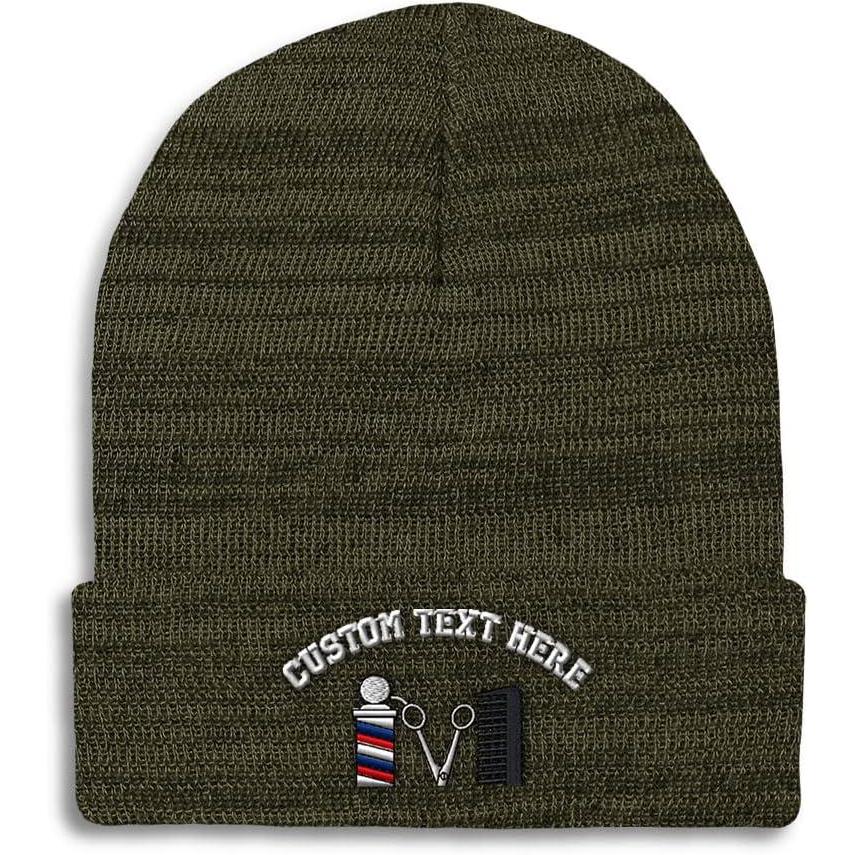 imageSpeedy Pros Beanies for Men Barber Logo Embroidery Hairdresser Winter Hats for Women Acrylic Skull Cap 1 SizeHeather Olive Green Personalized Text Here