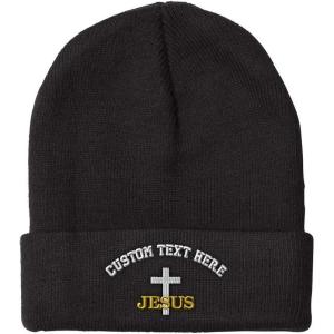 imageCustom Beanies for Men Christian Cross Jesus Embroidery Winter Hats for Women Acrylic Skull Cap 1 SizeBlack Personalized Text Here