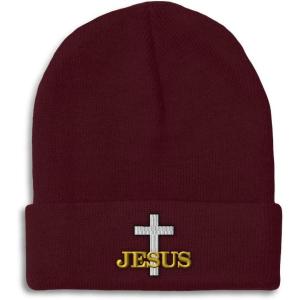 imageCustom Beanies for Men Christian Cross Jesus Embroidery Winter Hats for Women Acrylic Skull Cap 1 SizeBurgundy Design Only