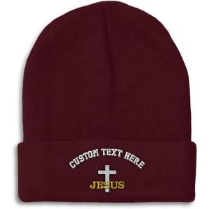 imageCustom Beanies for Men Christian Cross Jesus Embroidery Winter Hats for Women Acrylic Skull Cap 1 SizeBurgundy Personalized Text Here