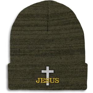 imageCustom Beanies for Men Christian Cross Jesus Embroidery Winter Hats for Women Acrylic Skull Cap 1 SizeHeather Olive Green Design Only