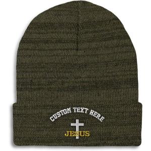 imageCustom Beanies for Men Christian Cross Jesus Embroidery Winter Hats for Women Acrylic Skull Cap 1 SizeHeather Olive Green Personalized Text Here
