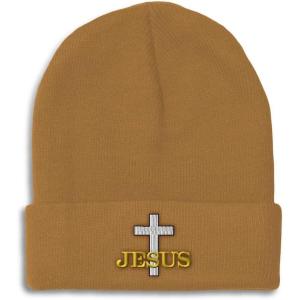 imageCustom Beanies for Men Christian Cross Jesus Embroidery Winter Hats for Women Acrylic Skull Cap 1 SizeKhaki Design Only