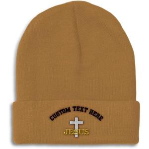 imageCustom Beanies for Men Christian Cross Jesus Embroidery Winter Hats for Women Acrylic Skull Cap 1 SizeKhaki Personalized Text Here