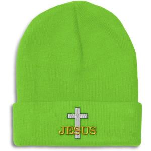 imageCustom Beanies for Men Christian Cross Jesus Embroidery Winter Hats for Women Acrylic Skull Cap 1 SizeLime Design Only