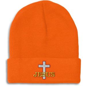 imageCustom Beanies for Men Christian Cross Jesus Embroidery Winter Hats for Women Acrylic Skull Cap 1 SizeOrange Design Only