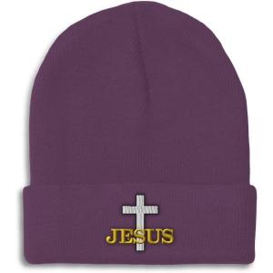 imageCustom Beanies for Men Christian Cross Jesus Embroidery Winter Hats for Women Acrylic Skull Cap 1 SizePurple Design Only