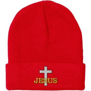 imageCustom Beanies for Men Christian Cross Jesus Embroidery Winter Hats for Women Acrylic Skull Cap 1 SizeRed Design Only
