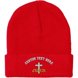 imageCustom Beanies for Men Christian Cross Jesus Embroidery Winter Hats for Women Acrylic Skull Cap 1 SizeRed Personalized Text Here
