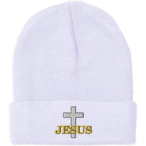 imageCustom Beanies for Men Christian Cross Jesus Embroidery Winter Hats for Women Acrylic Skull Cap 1 SizeWhite Design Only