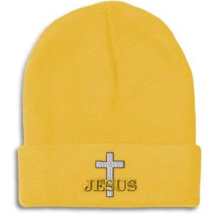 imageCustom Beanies for Men Christian Cross Jesus Embroidery Winter Hats for Women Acrylic Skull Cap 1 SizeYellow Design Only
