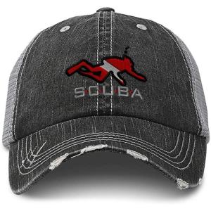 imageCustom Distressed Trucker Hat Sport Scuba Diving Diver Flag Embroidery CottonBlack Gray Design Only