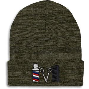 imageSpeedy Pros Beanies for Men Barber Logo Embroidery Hairdresser Winter Hats for Women Acrylic Skull Cap 1 SizeHeather Olive Green Design Only