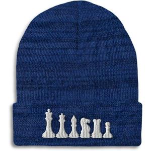 imageBeanies for Men Chess Set White Embroidery Chess Winter Hats for Women Acrylic Skull Cap 1 SizeHeather Royal Blue Design Only