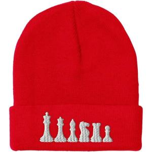 imageBeanies for Men Chess Set White Embroidery Chess Winter Hats for Women Acrylic Skull Cap 1 SizeRed Design Only