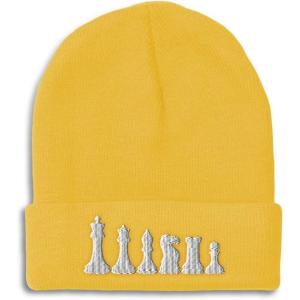 imageBeanies for Men Chess Set White Embroidery Chess Winter Hats for Women Acrylic Skull Cap 1 SizeYellow Design Only