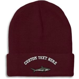 imageCustom Beanies for Men Shark Embroidery Ocean and Winter Hats for Women Acrylic Skull Cap 1 SizeBurgundy Personalized Text Here