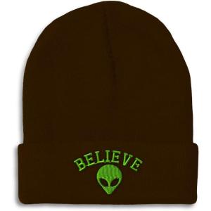 imageBeanies for Men Believe Alien Embroidery Style B Symbols Winter Hats for Women Acrylic Skull Cap 1 SizeBrown Personalized Text Here