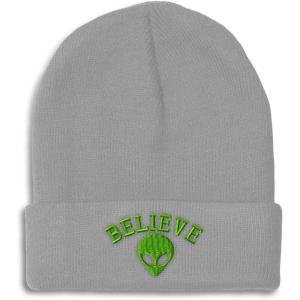 imageBeanies for Men Believe Alien Embroidery Style B Symbols Winter Hats for Women Acrylic Skull Cap 1 SizeLight Grey Personalized Text Here