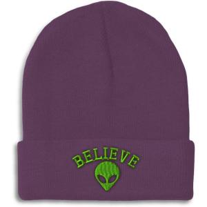 imageBeanies for Men Believe Alien Embroidery Style B Symbols Winter Hats for Women Acrylic Skull Cap 1 SizePurple Personalized Text Here