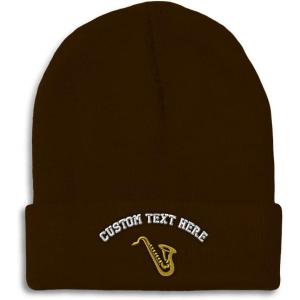 imageCustom Beanies for Men Music Instrument Saxophone Embroidery Winter Hats for Women Acrylic Skull Cap 1 SizeBrown Personalized Text Here