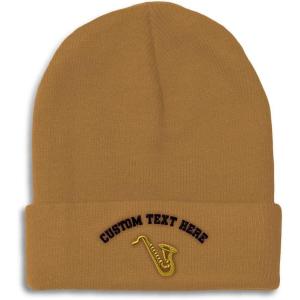 imageCustom Beanies for Men Music Instrument Saxophone Embroidery Winter Hats for Women Acrylic Skull Cap 1 SizeKhaki Personalized Text Here