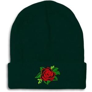 imageCustom Beanies for Men Rose Flower Style A No Border Embroidery Winter Hats for Women Skull Cap 1 SizeForest Green Design Only