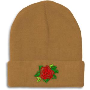 imageCustom Beanies for Men Rose Flower Style A No Border Embroidery Winter Hats for Women Skull Cap 1 SizeKhaki Design Only