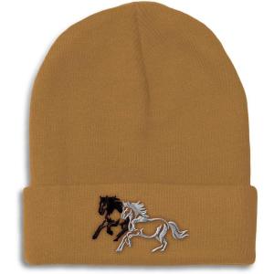 imageCustom Beanies for Men Animal Running Horses Embroidery Winter Hats for Women Acrylic Skull Cap 1 SizeKhaki Design Only