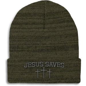 imageCustom Beanies for Men Jesus Saves Gray Embroidery Christian Winter Hats for Women Acrylic Skull Cap 1 SizeHeather Olive Green Personalized Text Here