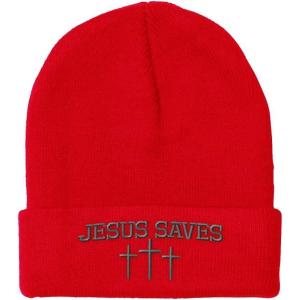 imageCustom Beanies for Men Jesus Saves Gray Embroidery Christian Winter Hats for Women Acrylic Skull Cap 1 SizeRed Design Only