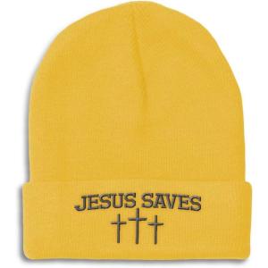 imageCustom Beanies for Men Jesus Saves Gray Embroidery Christian Winter Hats for Women Acrylic Skull Cap 1 SizeYellow Personalized Text Here