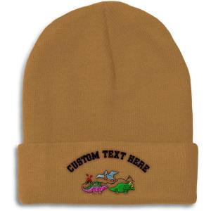 imageCustom Beanies for Men PreHistoric Dinosaurs Embroidery Winter Hats for Women Acrylic Skull Cap 1 SizeKhaki Personalized Text Here