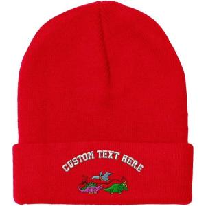imageCustom Beanies for Men PreHistoric Dinosaurs Embroidery Winter Hats for Women Acrylic Skull Cap 1 SizeRed Personalized Text Here