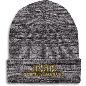imageSpeedy Pros Beanies for Men Jesus Name Above All Names Embroidery Jesus Winter Hats for Women Acrylic Skull Cap 1 SizeHeather Grey Design Only