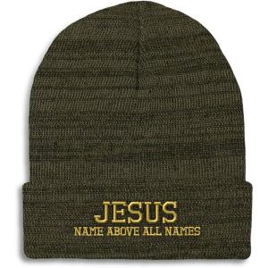 imageSpeedy Pros Beanies for Men Jesus Name Above All Names Embroidery Jesus Winter Hats for Women Acrylic Skull Cap 1 SizeHeather Olive Green Design Only