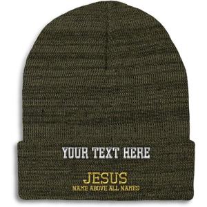 imageSpeedy Pros Beanies for Men Jesus Name Above All Names Embroidery Jesus Winter Hats for Women Acrylic Skull Cap 1 SizeHeather Olive Green Personalized Text Here