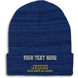imageSpeedy Pros Beanies for Men Jesus Name Above All Names Embroidery Jesus Winter Hats for Women Acrylic Skull Cap 1 SizeHeather Royal Blue Personalized Text Here