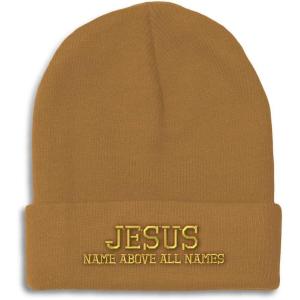 imageSpeedy Pros Beanies for Men Jesus Name Above All Names Embroidery Jesus Winter Hats for Women Acrylic Skull Cap 1 SizeKhaki Design Only