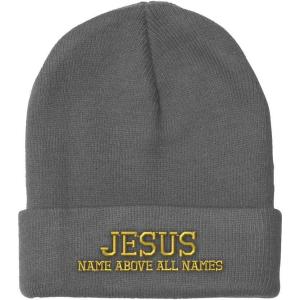 imageSpeedy Pros Beanies for Men Jesus Name Above All Names Embroidery Jesus Winter Hats for Women Acrylic Skull Cap 1 SizeLight Grey Design Only