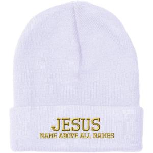 imageSpeedy Pros Beanies for Men Jesus Name Above All Names Embroidery Jesus Winter Hats for Women Acrylic Skull Cap 1 SizeWhite Design Only