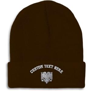 imageCustom Beanies for Men Albanian Eagle Silver Embroidery Winter Hats for Women Acrylic Skull Cap 1 SizeBrown Personalized Text Here