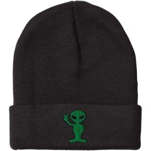 imageSpeedy Pros Beanies for Men Alien Peace Sign Embroidery Symbols Winter Hats for Women Acrylic Skull Cap 1 SizeBlack Design Only