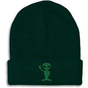 imageSpeedy Pros Beanies for Men Alien Peace Sign Embroidery Symbols Winter Hats for Women Acrylic Skull Cap 1 SizeForest Green Design Only