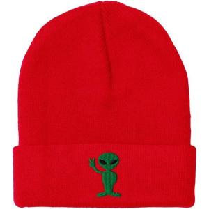 imageSpeedy Pros Beanies for Men Alien Peace Sign Embroidery Symbols Winter Hats for Women Acrylic Skull Cap 1 SizeRed Design Only