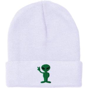 imageSpeedy Pros Beanies for Men Alien Peace Sign Embroidery Symbols Winter Hats for Women Acrylic Skull Cap 1 SizeWhite Design Only