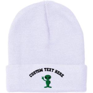 imageSpeedy Pros Beanies for Men Alien Peace Sign Embroidery Symbols Winter Hats for Women Acrylic Skull Cap 1 SizeWhite Personalized Text Here
