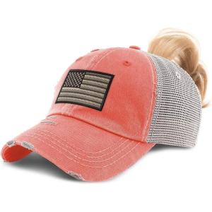 imageCustom Womens Ponytail Cap Black White American Flag Embroidery CottonCoral Design Only