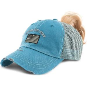 imageCustom Womens Ponytail Cap Black White American Flag Embroidery CottonTurquoise Personalized Text Here